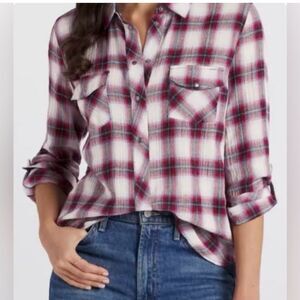 Kut From The Kloth Boylen Relaxed Button Snap Down 3/4 Sleeve Top Plaid Size S